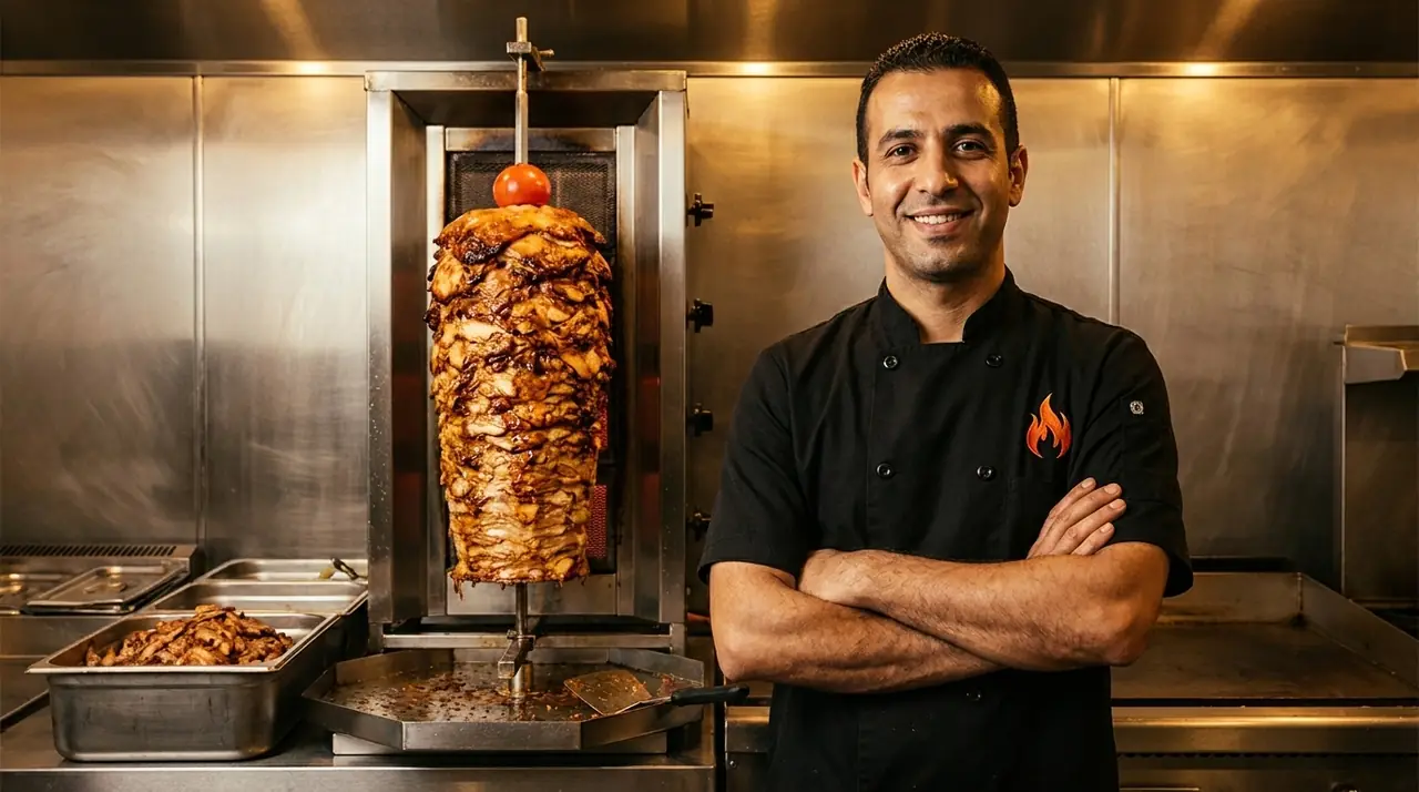 A Mangal cook, arms crossed, in front of the shawarma spit