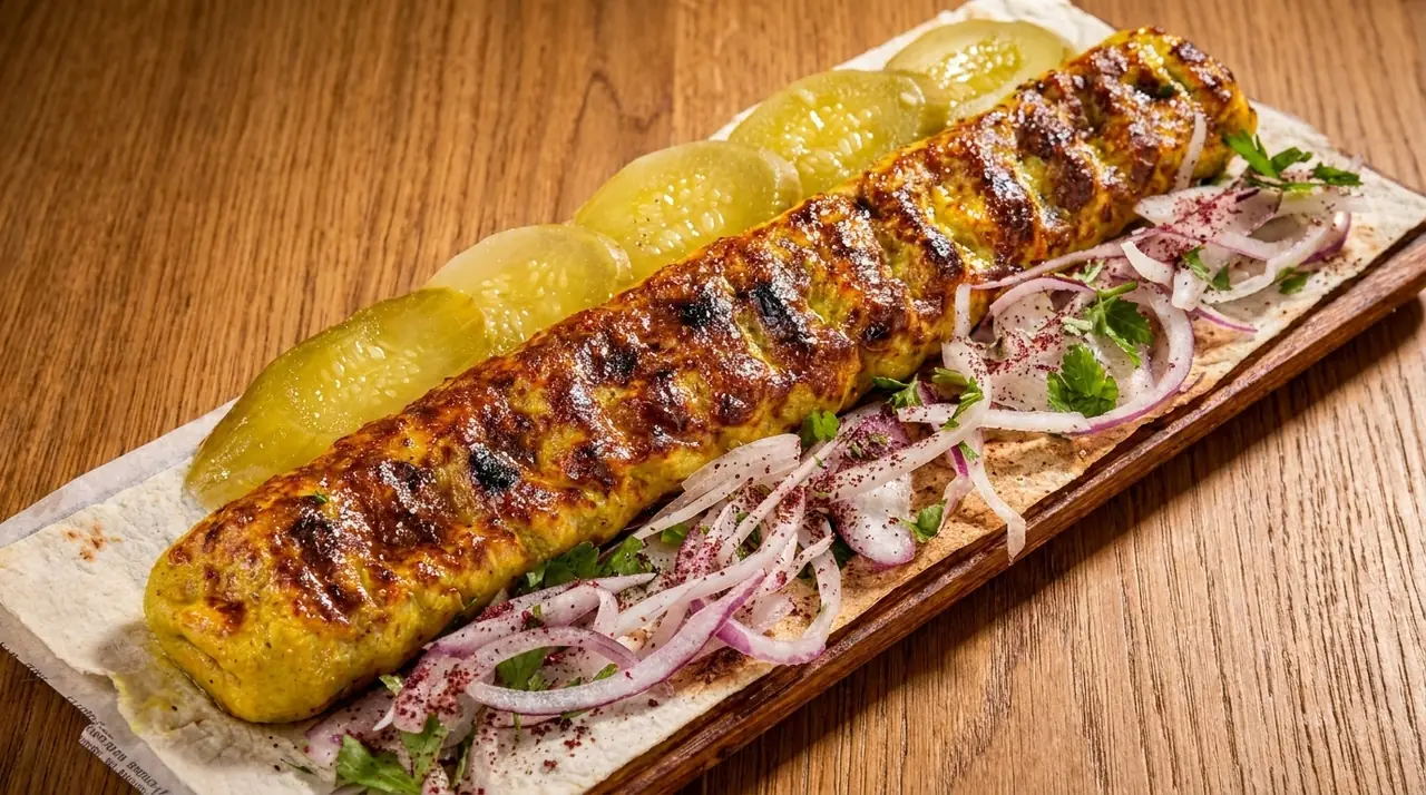 Lula kebab on lavash with pickles and sumac onions