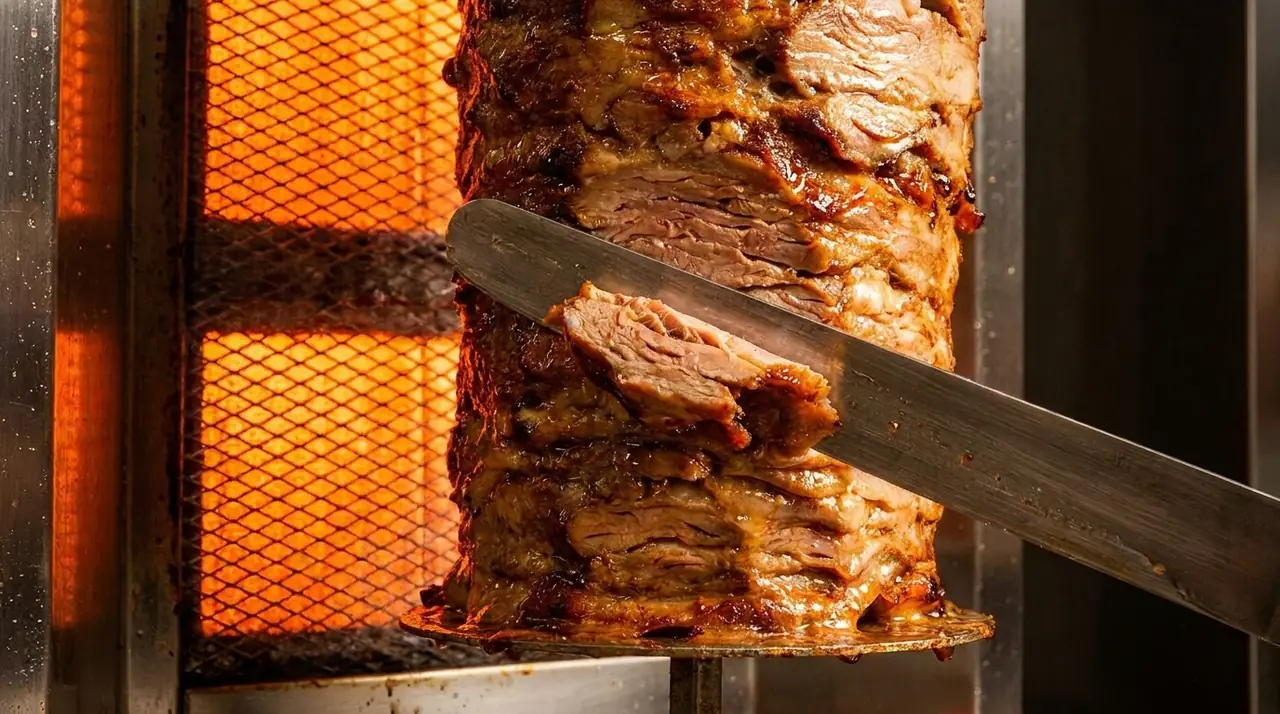 Shawarma carved off the spit with a long knife