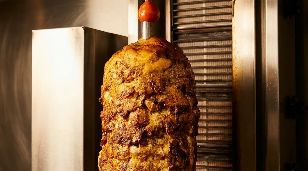 A chicken shawarma cone turning on the spit
