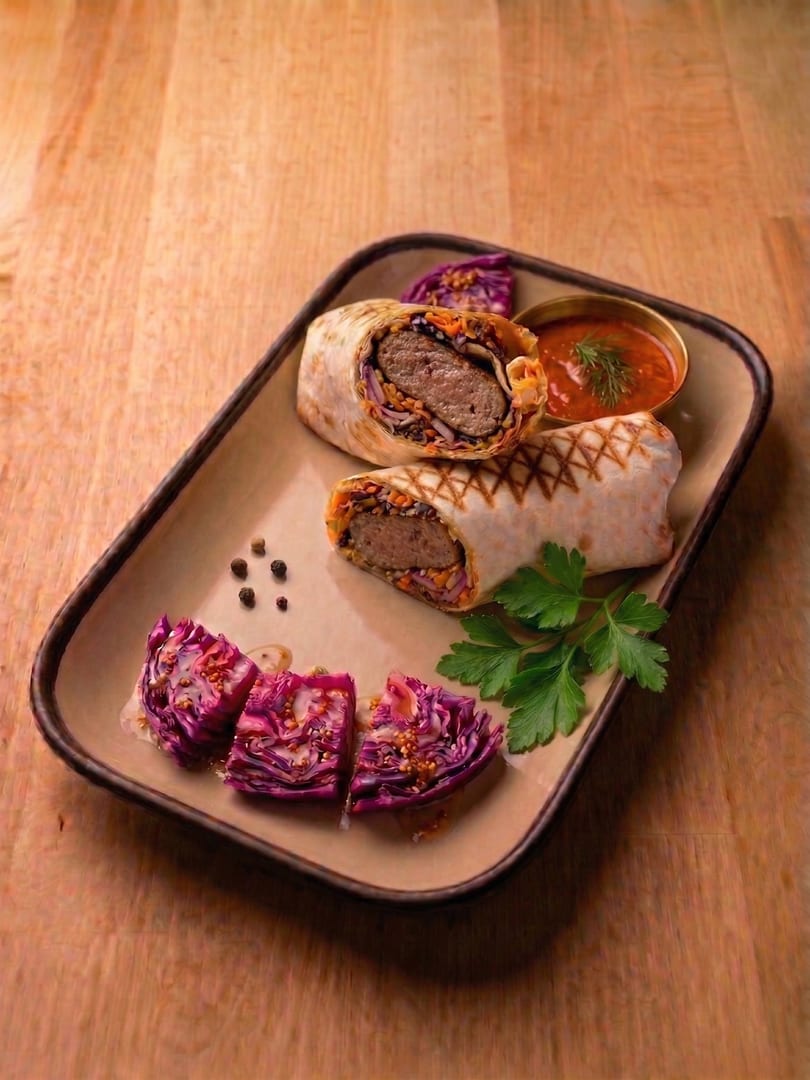 Grilled lula shawarma wrap sliced open with red cabbage and dipping sauce.