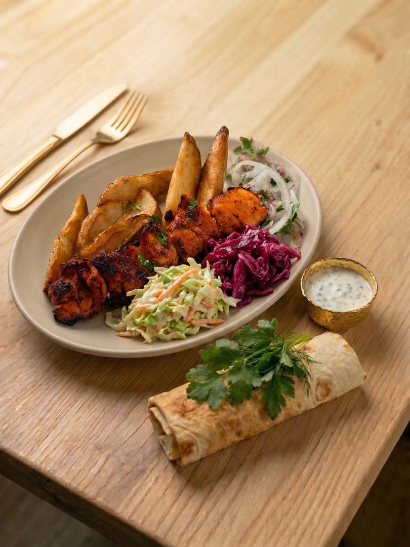 Grilled chicken thigh kebab plate with potato wedges, coleslaw, red cabbage, and lavash wrap.