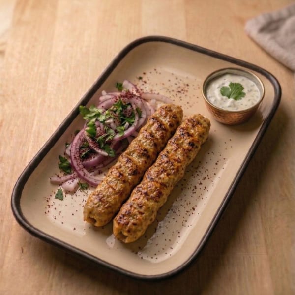 Two grilled chicken lula kebabs with red onion salad and a bowl of herbed yogurt sauce.
