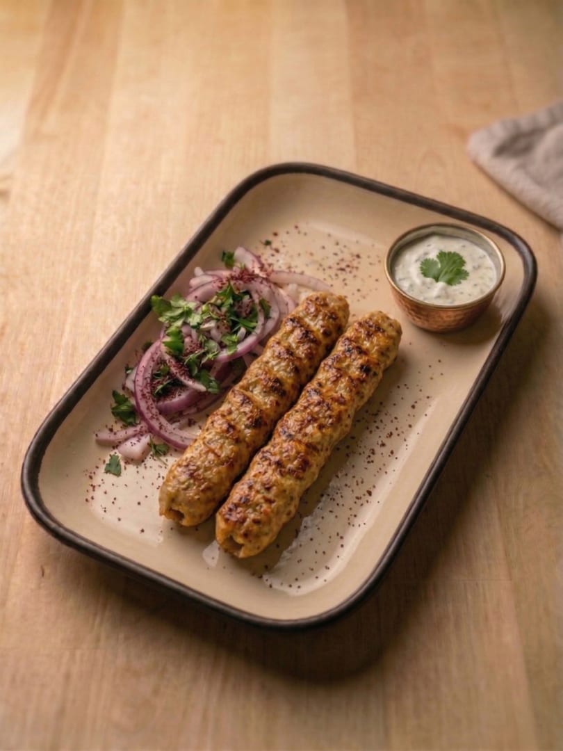 Two grilled chicken lula kebabs with red onion salad and a bowl of herbed yogurt sauce.