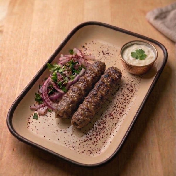 Two grilled lamb lula kebabs with red onion salad and a bowl of herbed yogurt sauce.