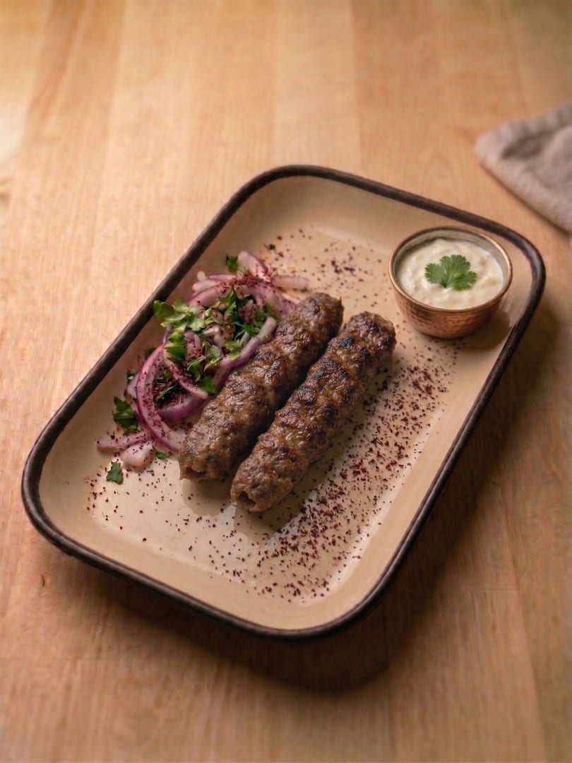 Two grilled lamb lula kebabs with red onion salad and a bowl of herbed yogurt sauce.