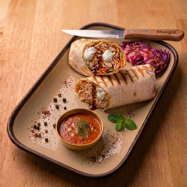 Two grilled chicken shawarma wraps with pickled cabbage, red sauce, and a branded Mangal knife on a tray.
