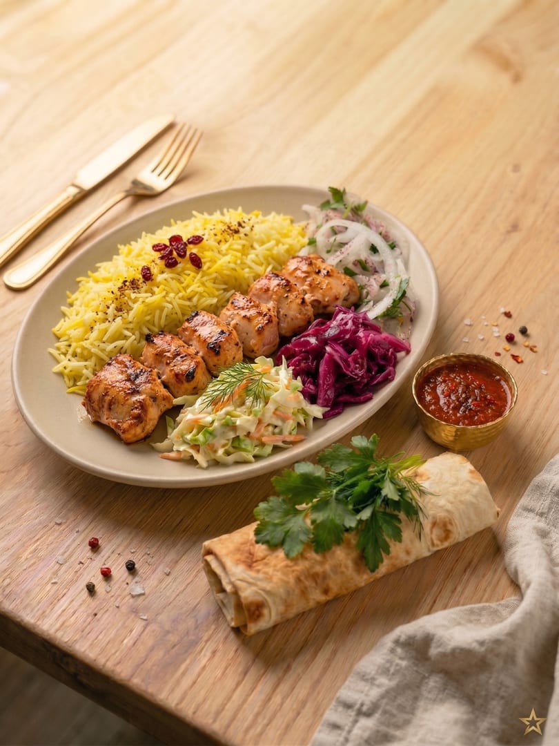 Grilled chicken breast kebab with yellow rice, coleslaw, pickled cabbage and lavash wrap.
