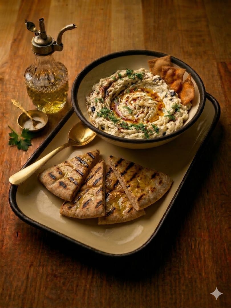 Baba ganoush drizzled with olive oil, served with grilled pita and pita chips.