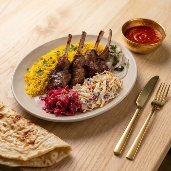 Grilled lamb chops with saffron rice, coleslaw, pickled cabbage, onion salad, and flatbread.