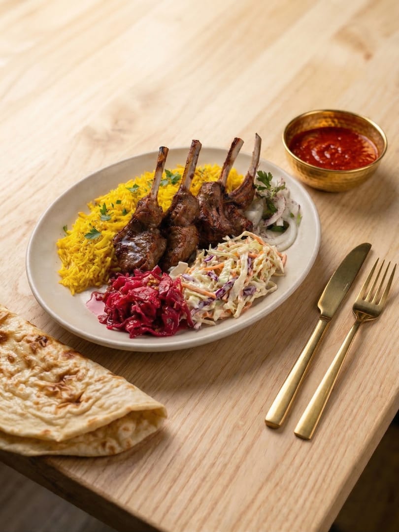Grilled lamb chops with saffron rice, coleslaw, pickled cabbage, onion salad, and flatbread.