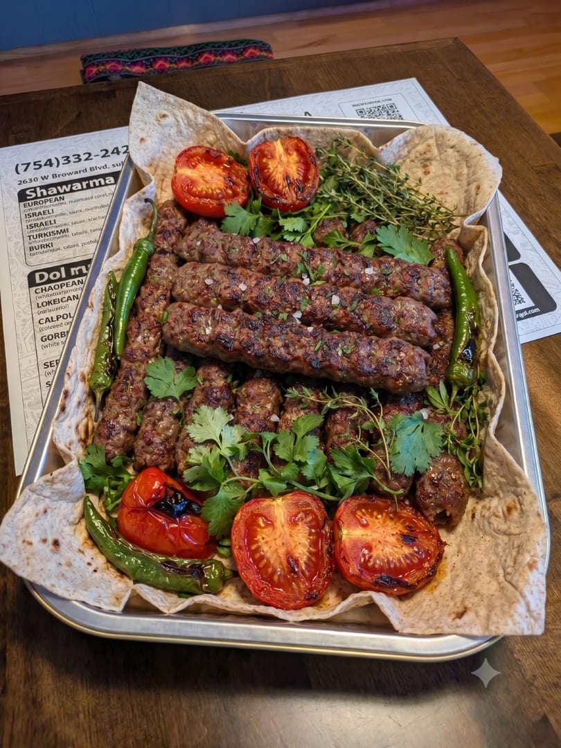 Lamb lula kebab platter with grilled tomatoes, peppers and fresh herbs on a serving tray.