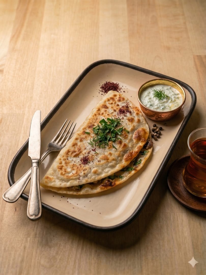 Golden pan-fried kutabs stuffed with greens, dusted with sumac, served with herbed yogurt dip and tea.