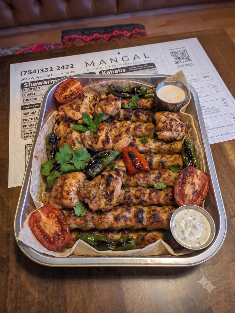 Charcoal grilled chicken mix platter with kebabs, chicken pieces, grilled tomatoes and peppers on a serving tray.