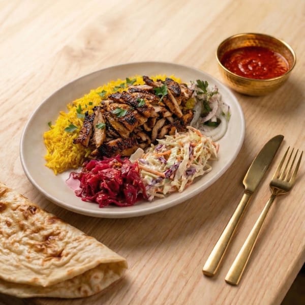 Grilled chicken shawarma plate with saffron rice, coleslaw, pickled cabbage, onion salad, flatbread, and red sauce.