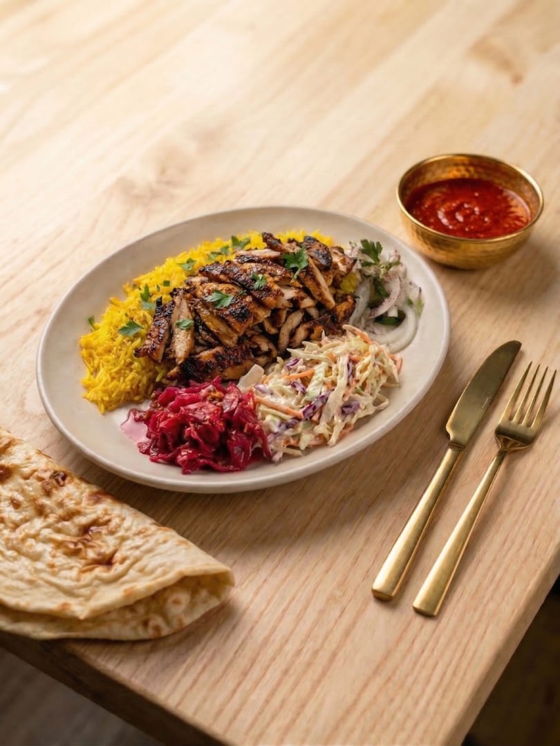 Grilled chicken shawarma plate with saffron rice, coleslaw, pickled cabbage, onion salad, flatbread, and red sauce.
