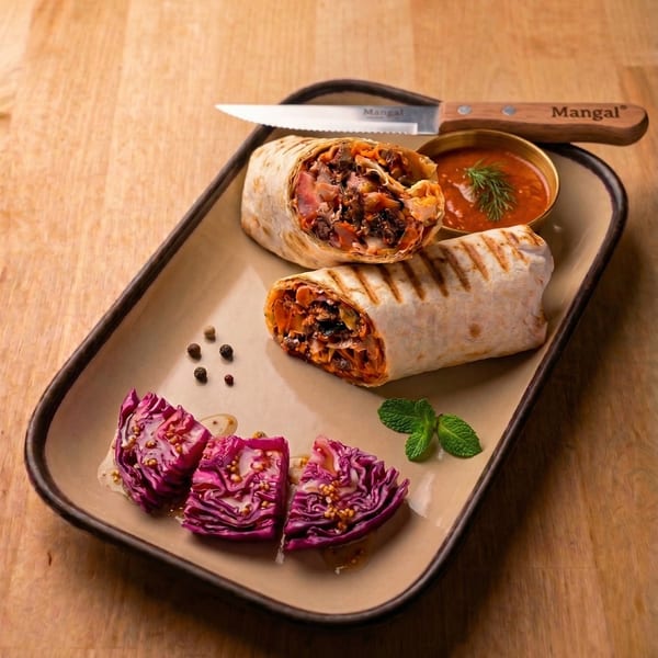 Two grilled lamb shawarma wraps with red sauce, pickled cabbage, and a branded Mangal knife on a tray.