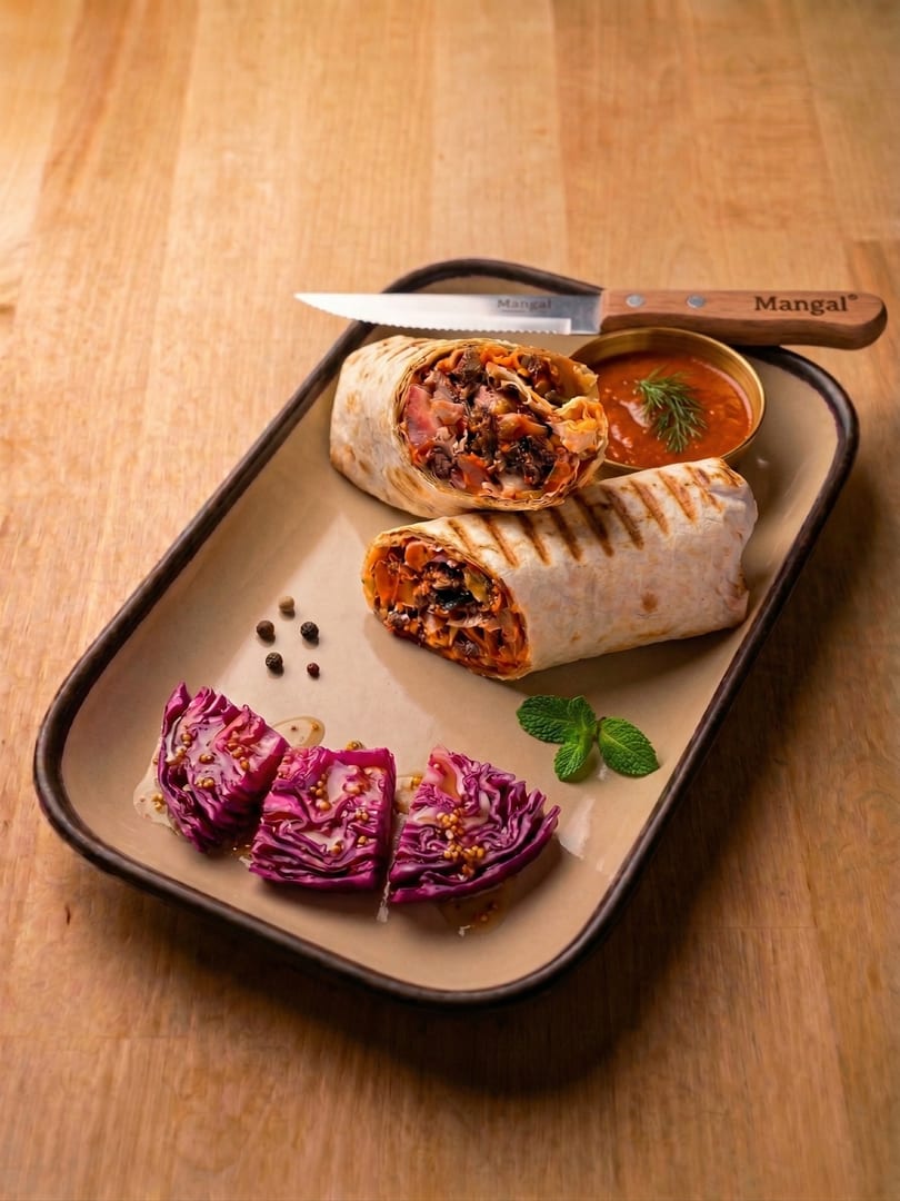 Two grilled lamb shawarma wraps with red sauce, pickled cabbage, and a branded Mangal knife on a tray.