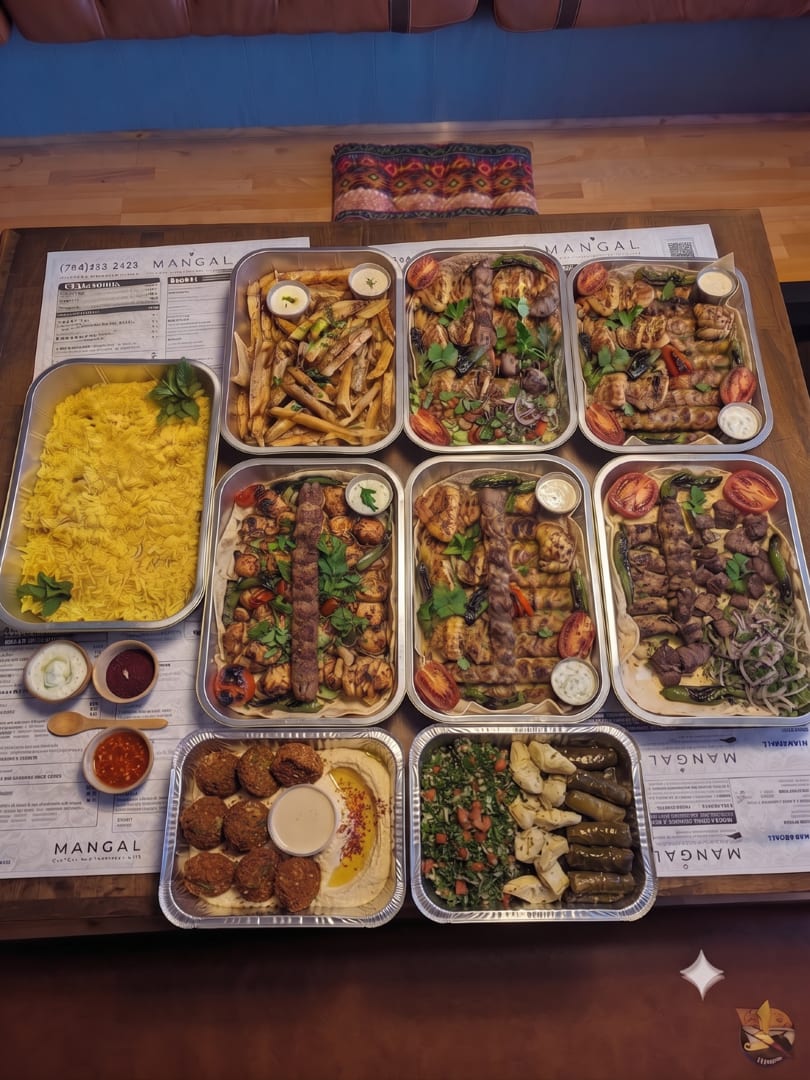 Mangal catering spread with multiple trays of grilled meats, rice, falafel, hummus, and dolma.